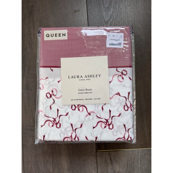 NWT Laura Ashley QUEEN Sheet Set TRAILING BOWS STRIPED HEM Red White Cotton - Picture 1 of 7